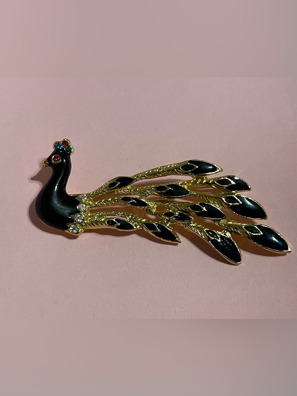 Enamel Rhinestone Gold Tone Peacock Brooch #9649 💎 SALE